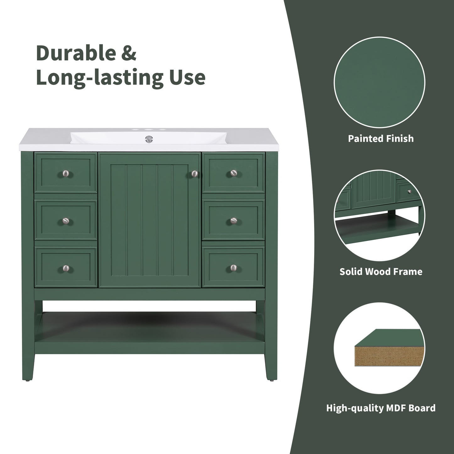 36" Bathroom Vanity, Cabinet Base Only, Three Drawers, Green
