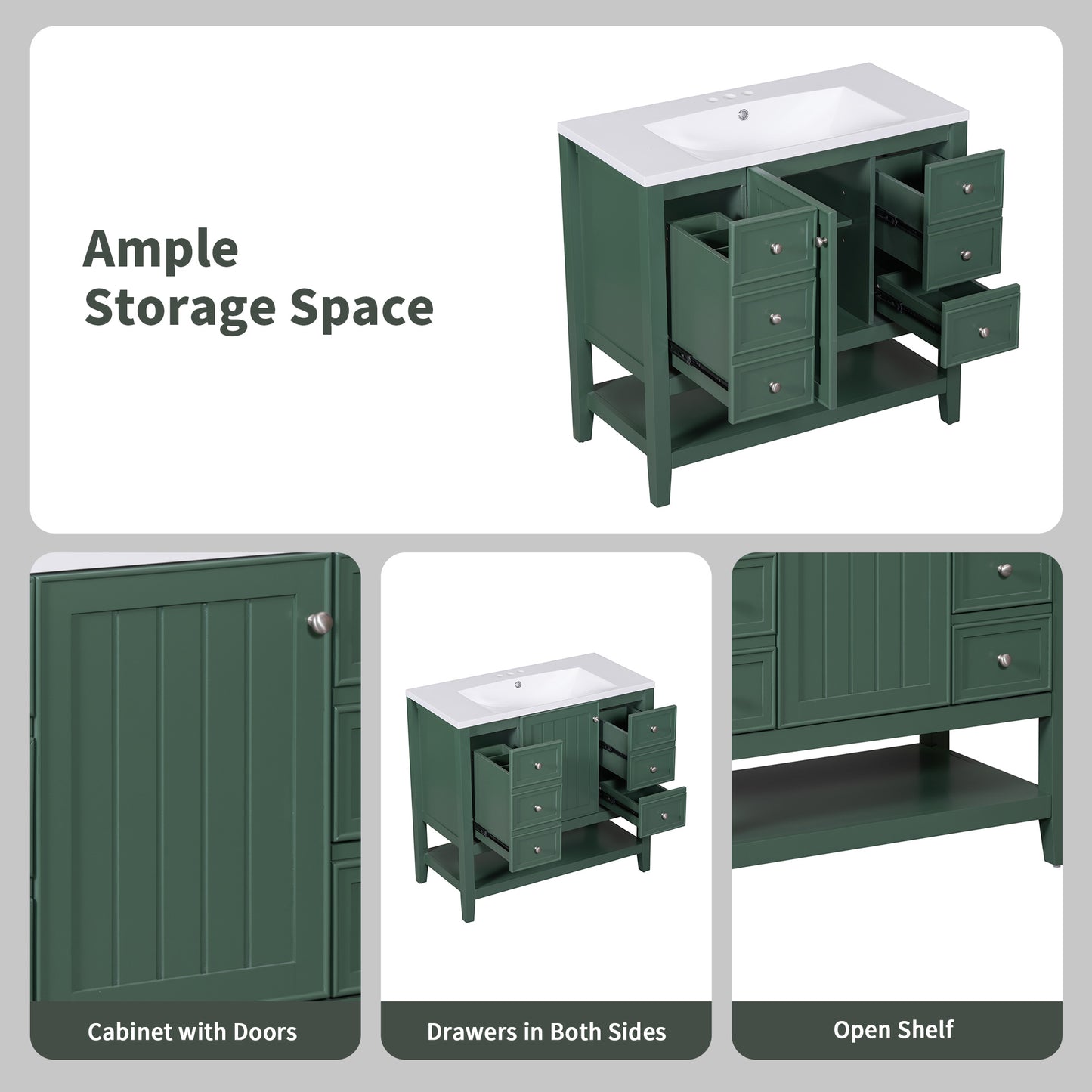 36" Bathroom Vanity, Cabinet Base Only, Three Drawers, Green