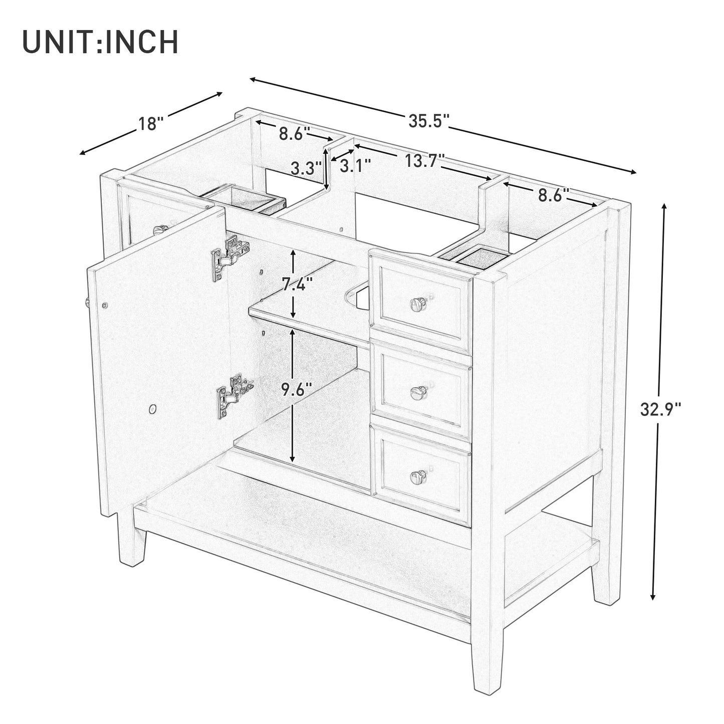 36" Bathroom Vanity, Cabinet Base Only, Three Drawers, Green