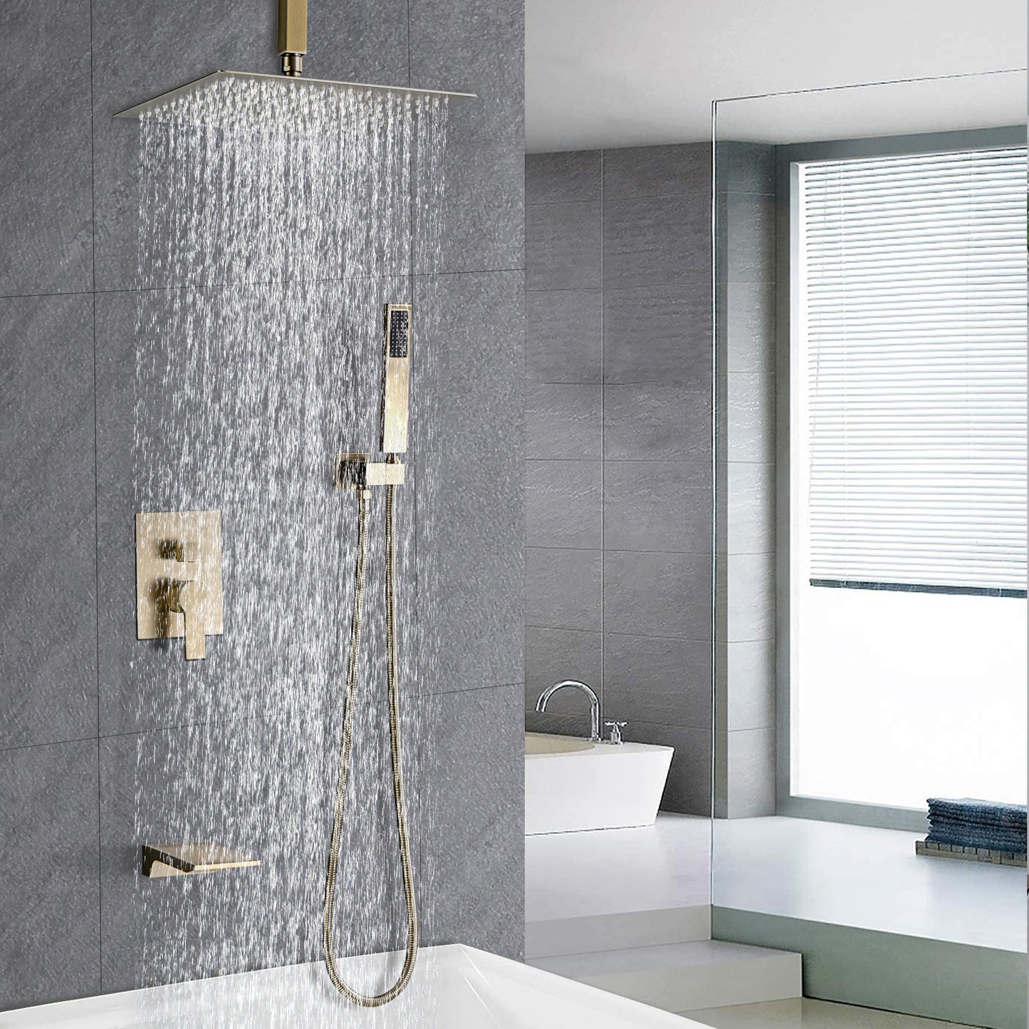 Brushed Gold 12 inches Rain Shower Faucet Sets with Waterfall Tub Spout and Handheld Shower Head
