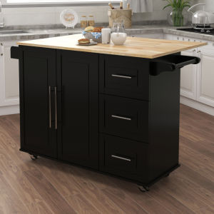Kitchen Island with Spice Rack; Towel Rack and Extensible Solid Wood Table Top-Black