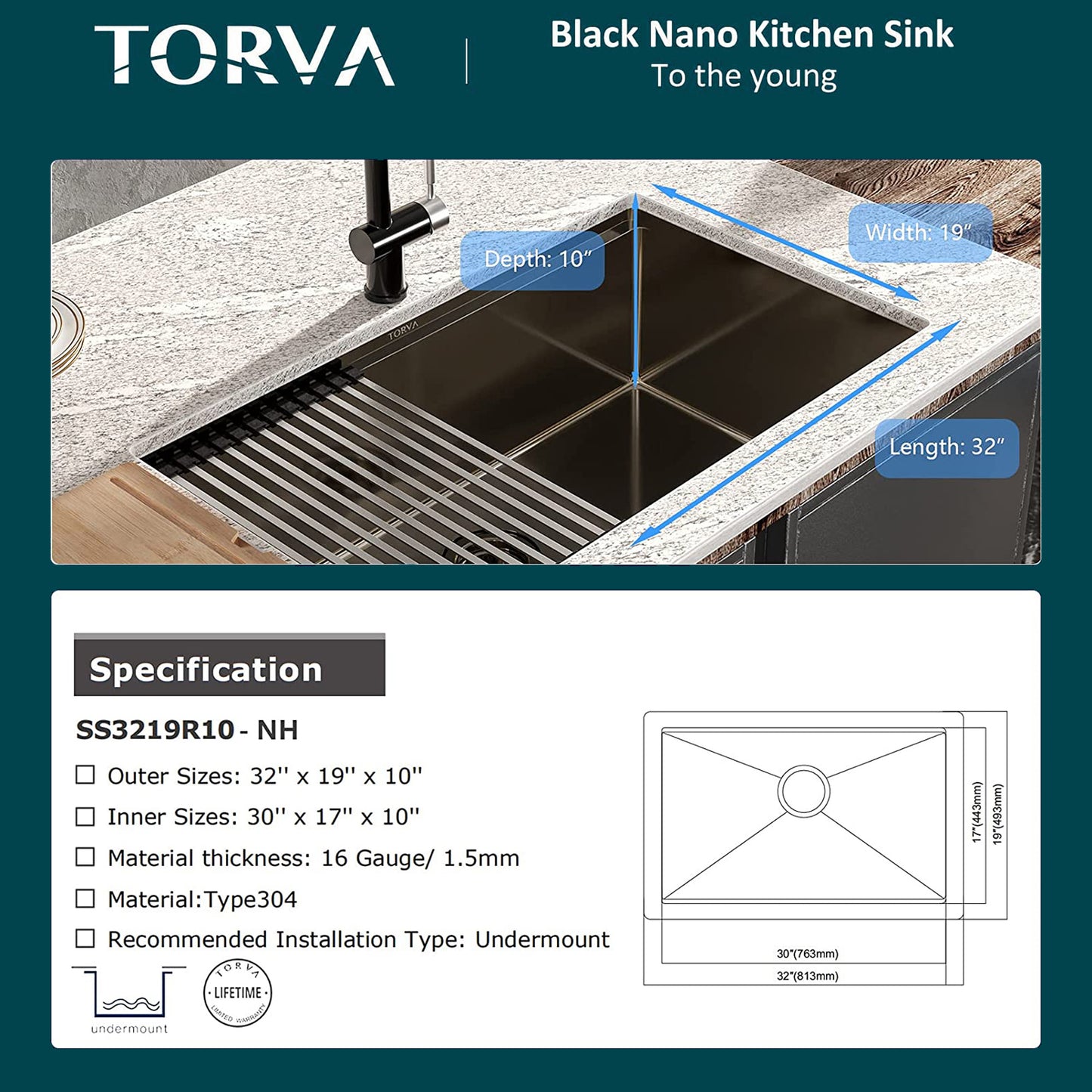 TORVA 32-Inch Gloss Black Workstation Undermount Single Bowl Kitchen Sink, 16 Gauge Stainless Steel with Ceramic Coating and NanoTek Sink with Bamboo Cutting Board and Drain Tray