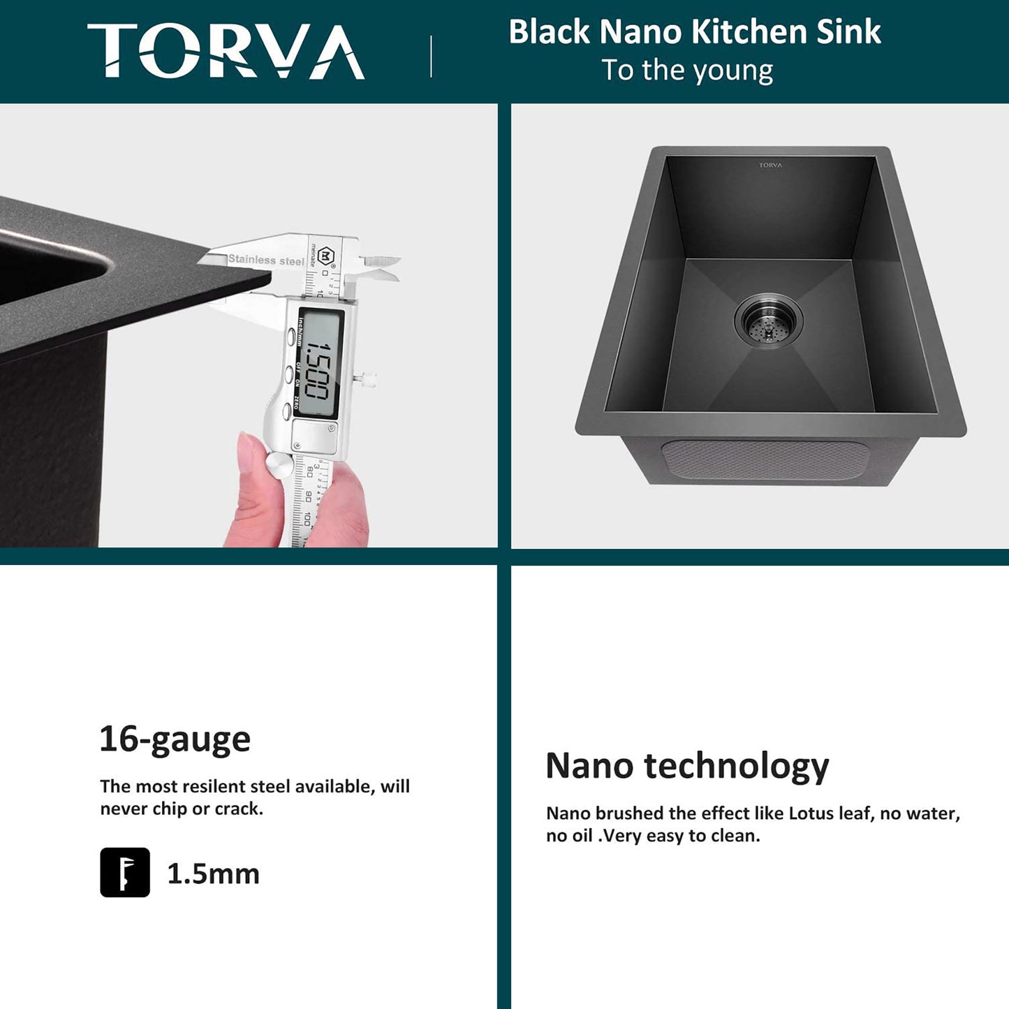 TORVA 32-Inch Gloss Black Workstation Undermount Single Bowl Kitchen Sink, 16 Gauge Stainless Steel with Ceramic Coating and NanoTek Sink with Bamboo Cutting Board and Drain Tray