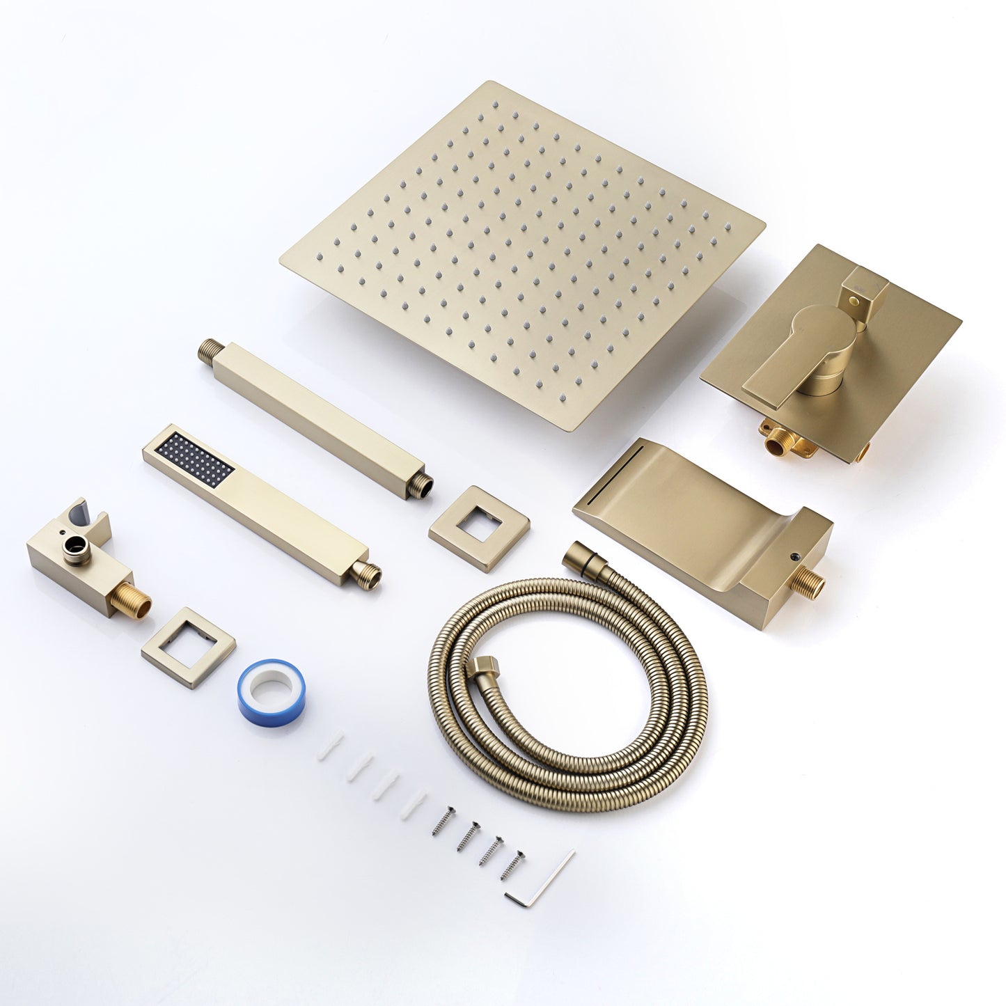 Brushed Gold 12 inches Rain Shower Faucet Sets with Waterfall Tub Spout and Handheld Shower Head