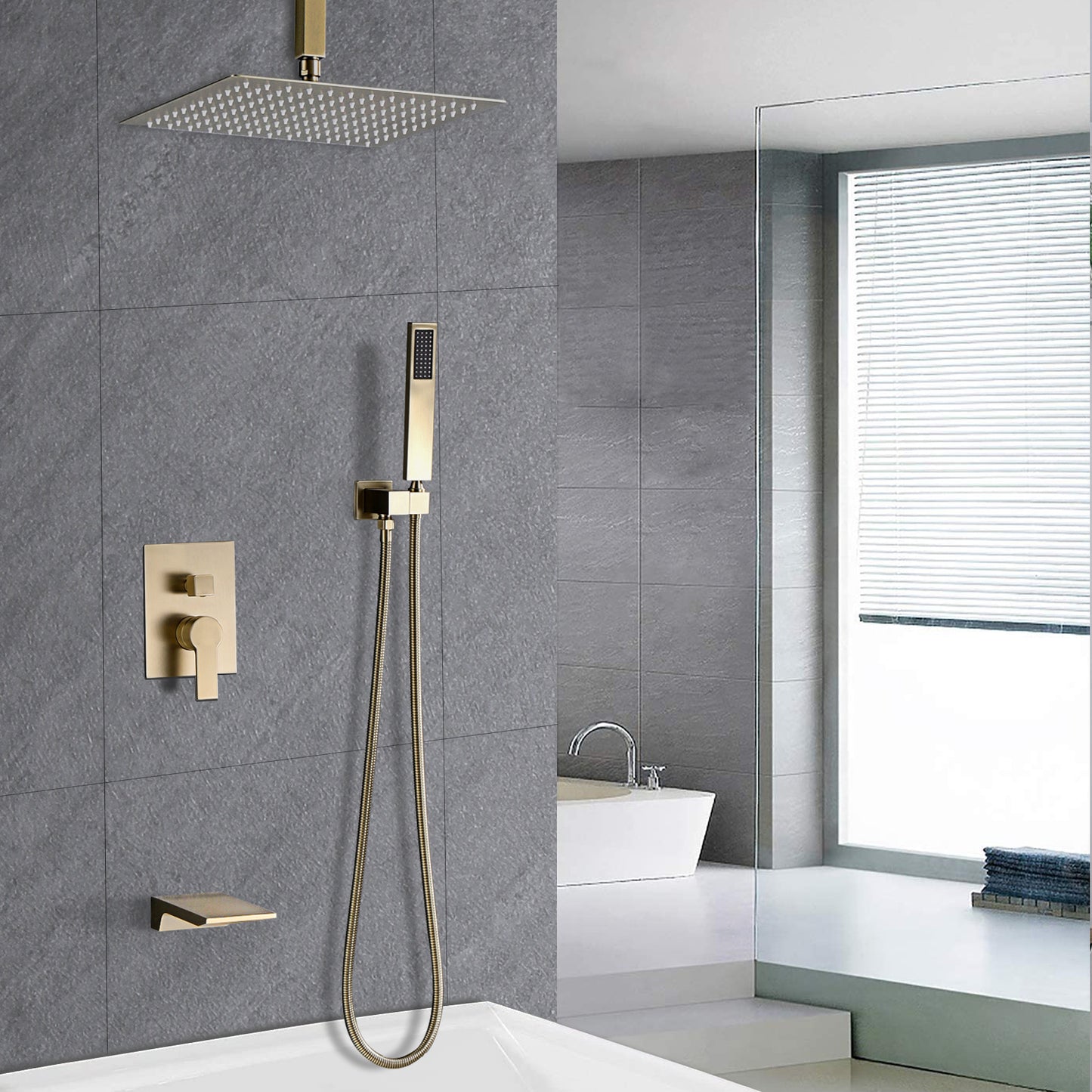 Brushed Gold 12 inches Rain Shower Faucet Sets with Waterfall Tub Spout and Handheld Shower Head