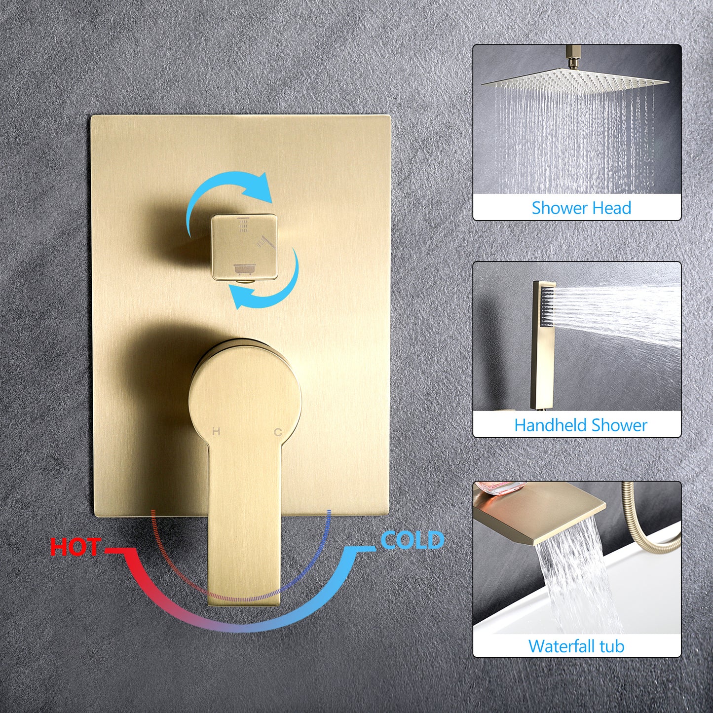 Brushed Gold 12 inches Rain Shower Faucet Sets with Waterfall Tub Spout and Handheld Shower Head