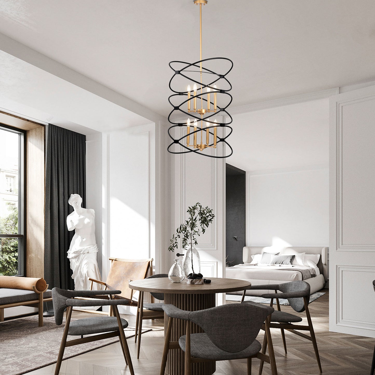 Transitional Gold/Matte Black Metal Chandelier Fixture; 8 lights ; 2-Tier-Candle Ceiling Light