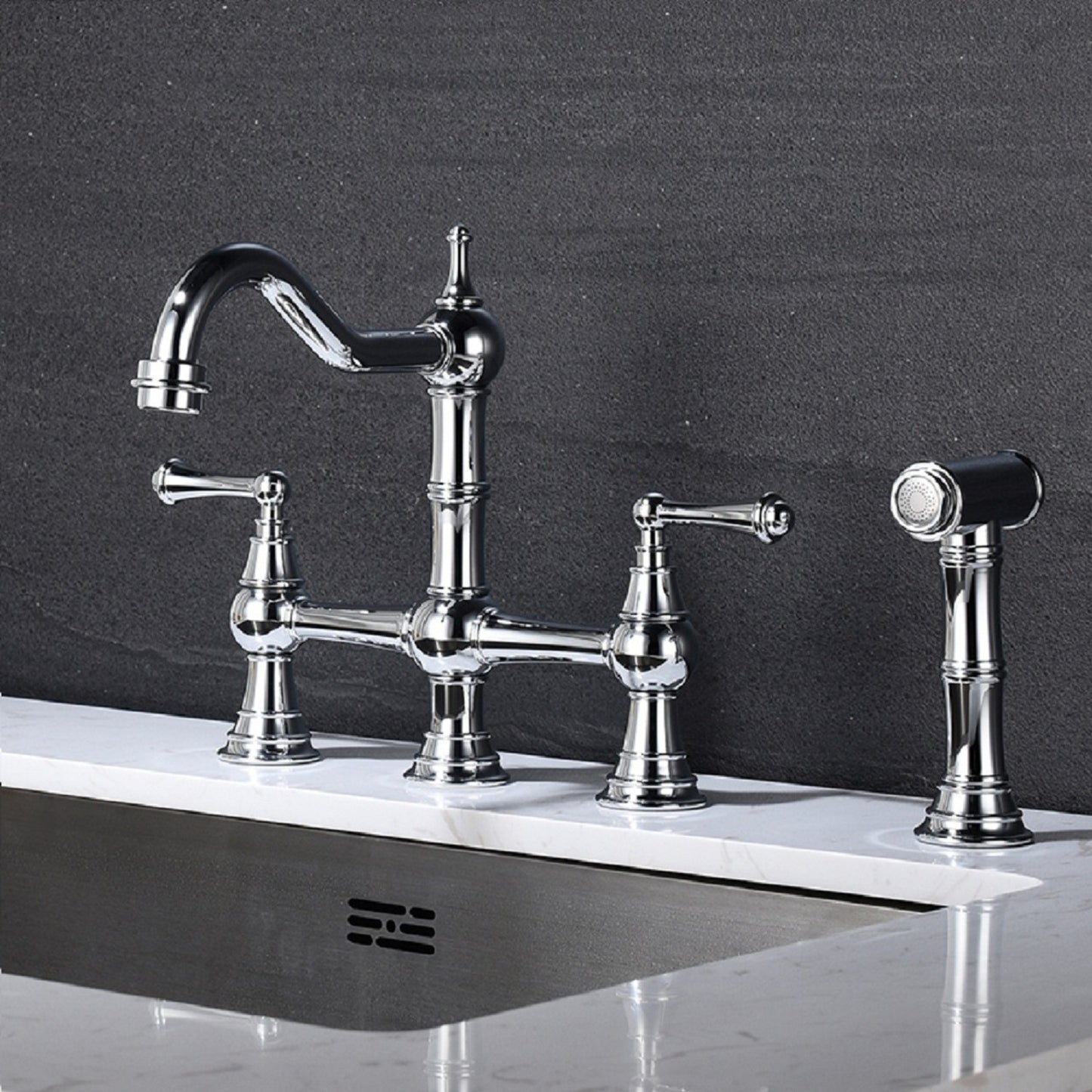 Bridge Dual Handle Kitchen Faucet with Side Sprayer