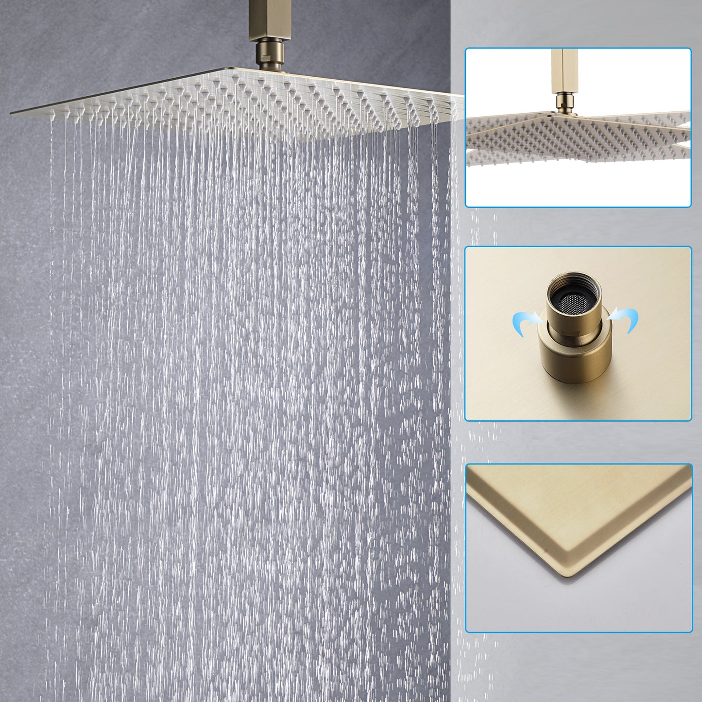 Brushed Gold 12 inches Rain Shower Faucet Sets with Waterfall Tub Spout and Handheld Shower Head