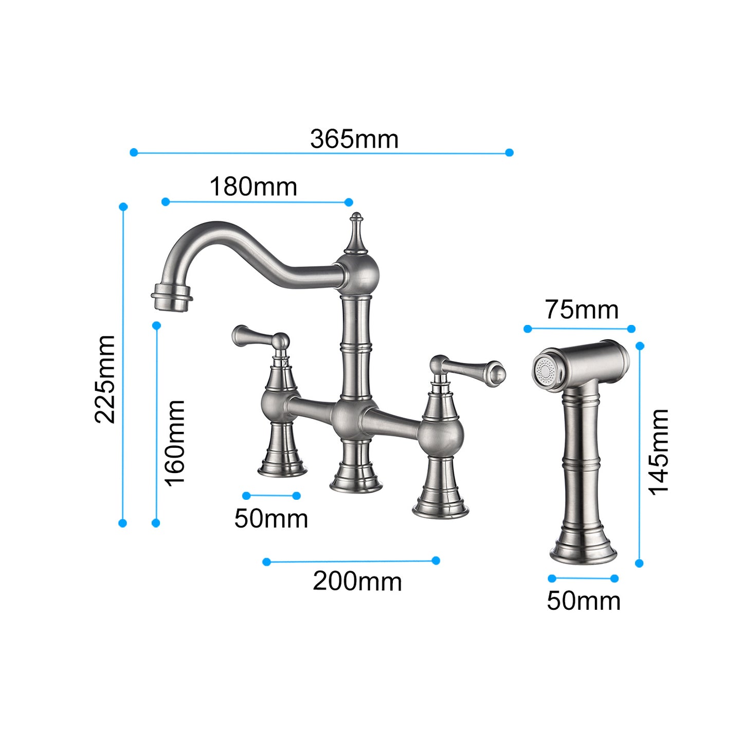 Bridge Dual Handle Kitchen Faucet with Side Sprayer
