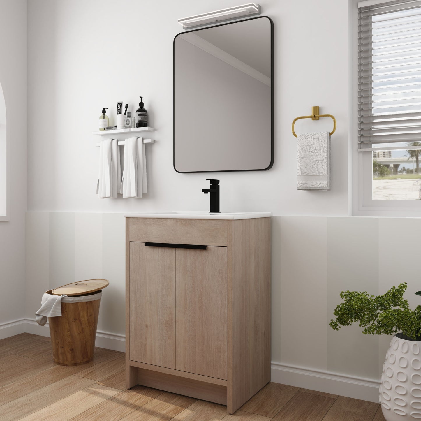 Freestanding Bathroom Vanity, White Ceramic Sink with 2 Soft-Close Cabinet Doors