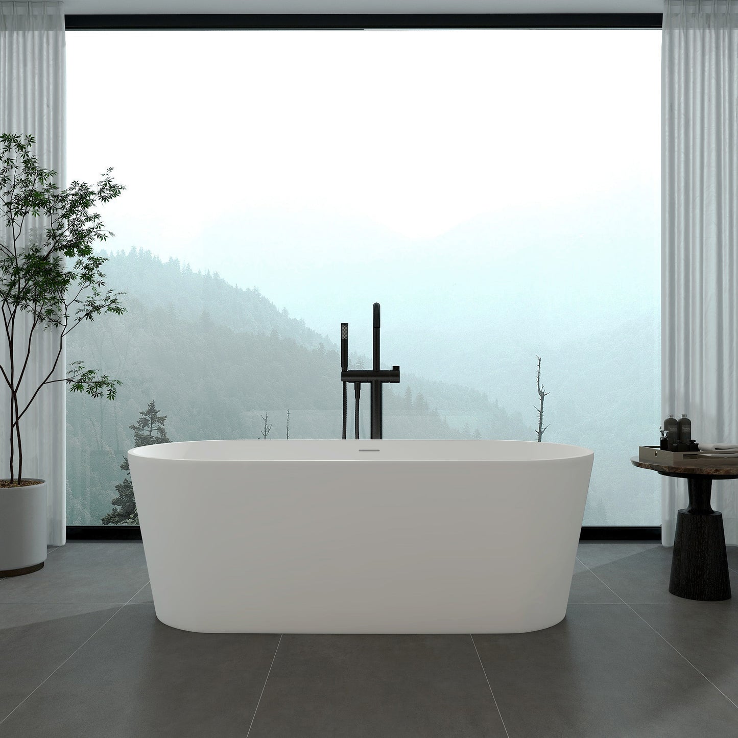 63" x 30" x 22" Freestanding Solid Surface Resin Stone Bathtub Soaking Tub
