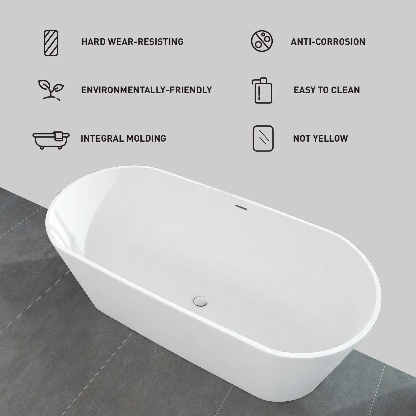 63" x 30" x 22" Freestanding Solid Surface Resin Stone Bathtub Soaking Tub