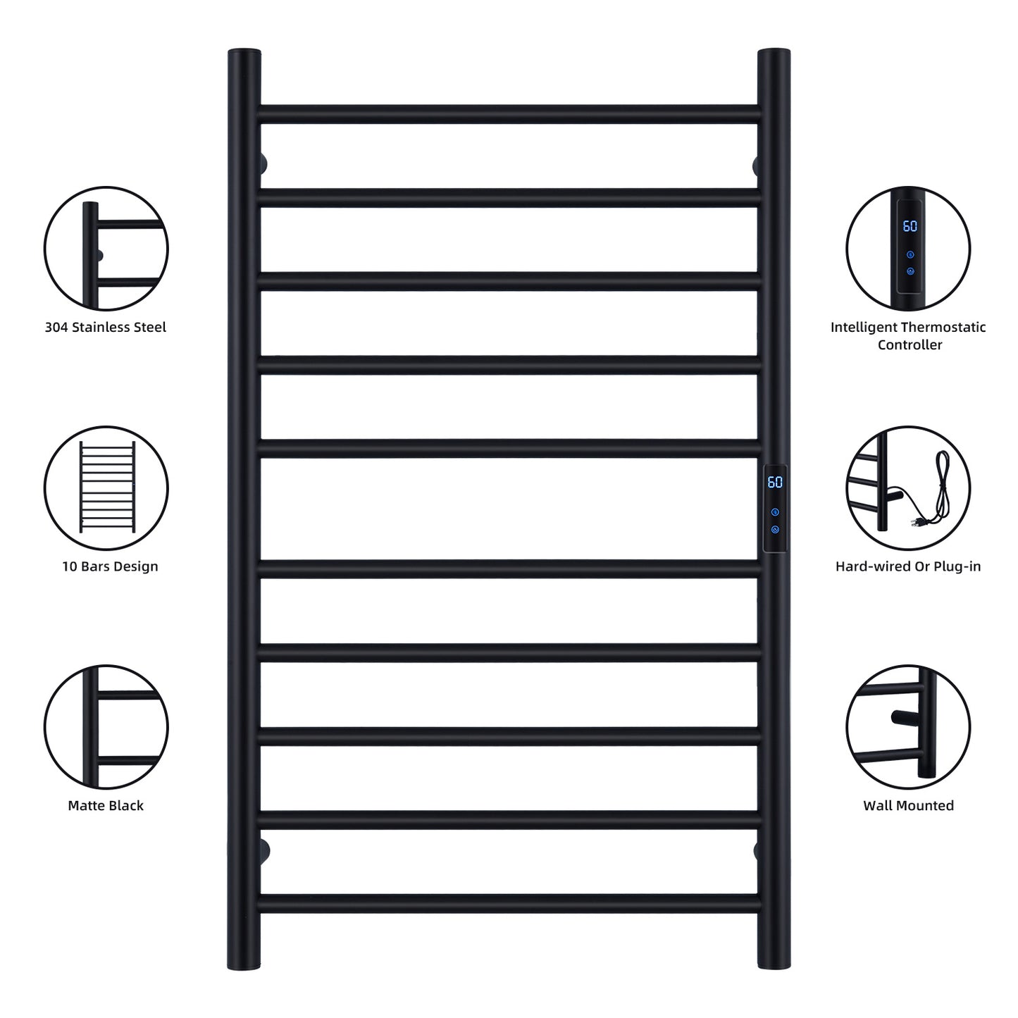 Heated Towel Rack, Wall Mounted Electric Towel Warmer for Bathroom with Built-in Timer and LED Indicator, Plug in or Hardwired