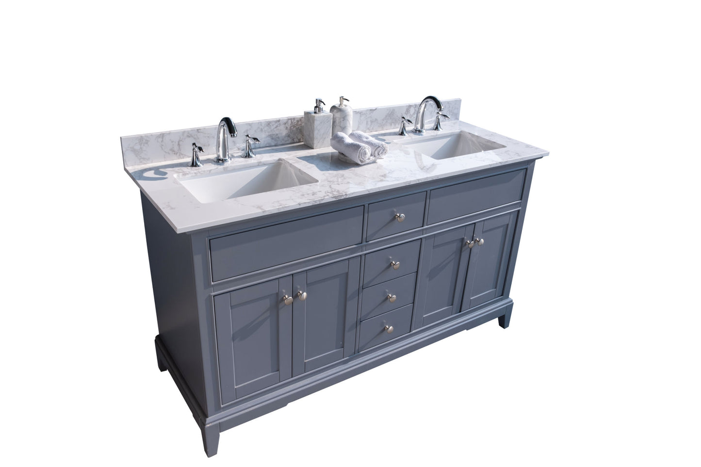 61''x22" bathroom stone vanity top engineered stone carrara white marble color with double rectangle undermount ceramic sink