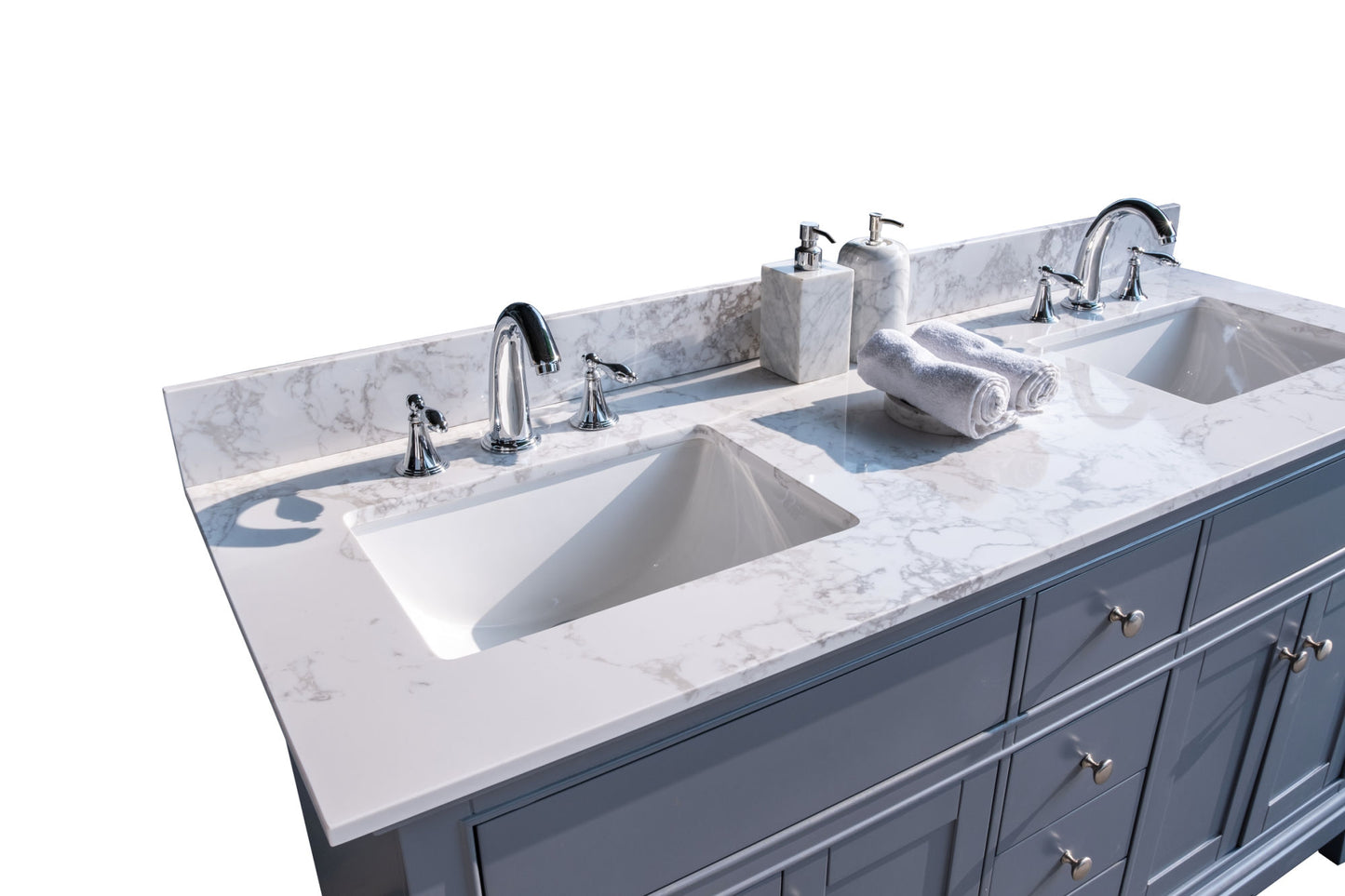 61''x22" bathroom stone vanity top engineered stone carrara white marble color with double rectangle undermount ceramic sink