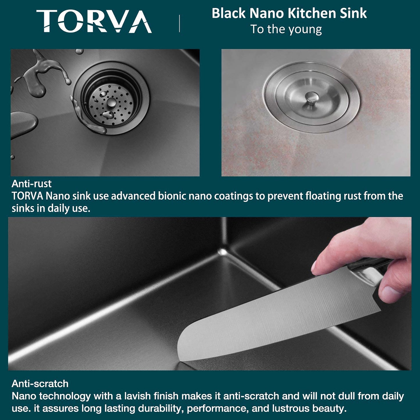 TORVA 32-Inch Gloss Black Workstation Undermount Single Bowl Kitchen Sink, 16 Gauge Stainless Steel with Ceramic Coating and NanoTek Sink with Bamboo Cutting Board and Drain Tray