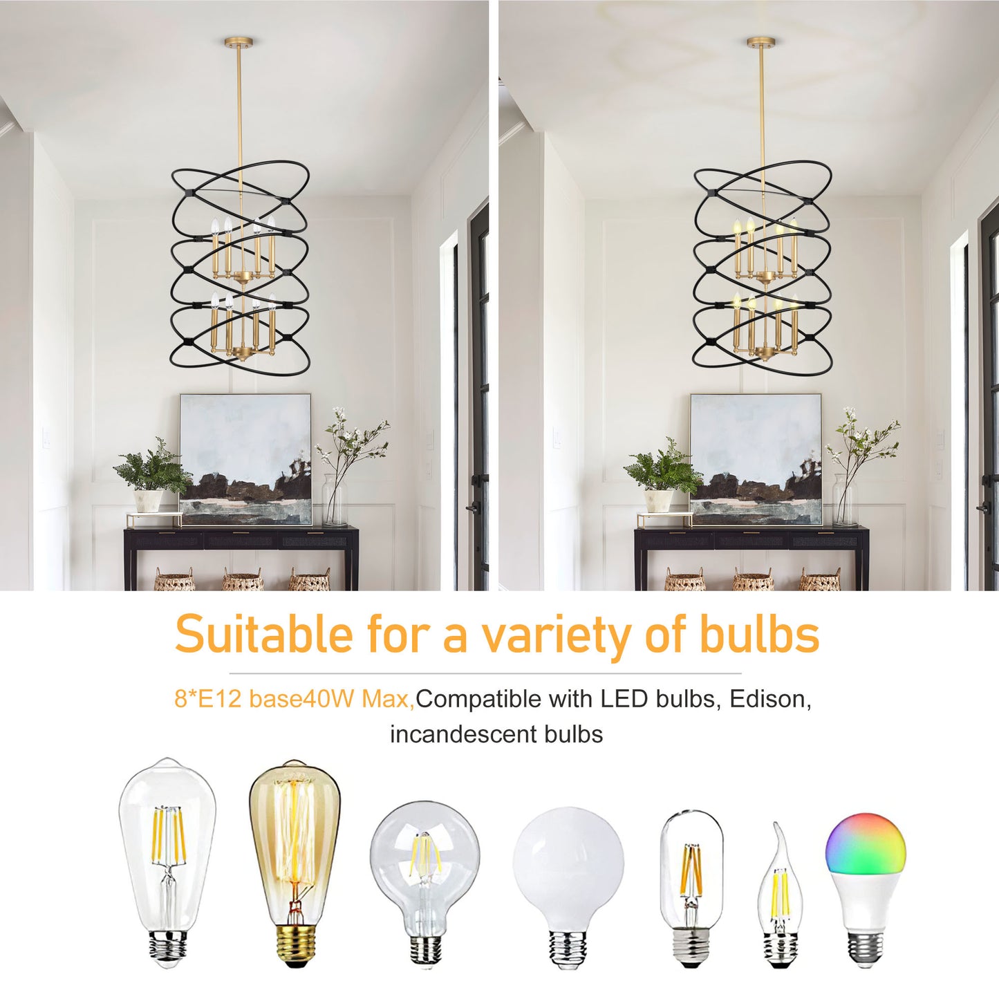 Transitional Gold/Matte Black Metal Chandelier Fixture; 8 lights ; 2-Tier-Candle Ceiling Light