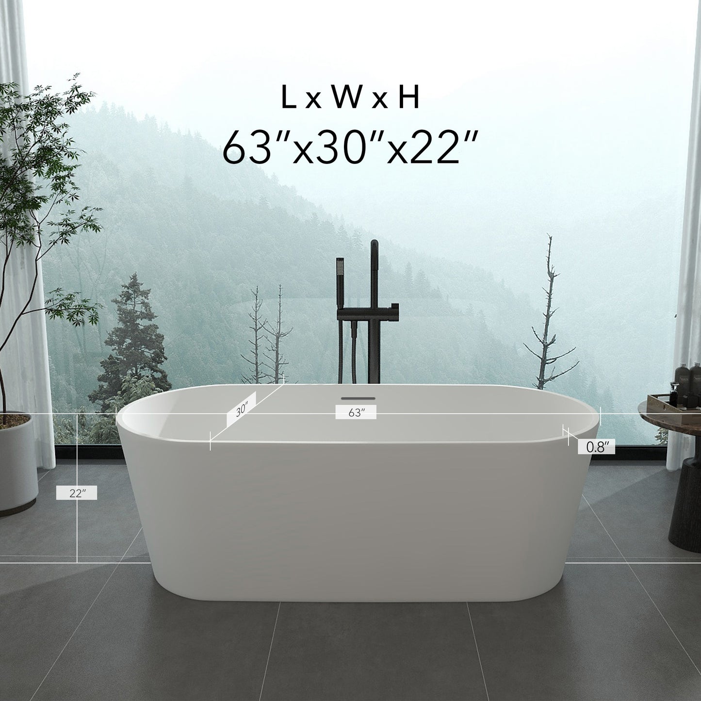 63" x 30" x 22" Freestanding Solid Surface Resin Stone Bathtub Soaking Tub