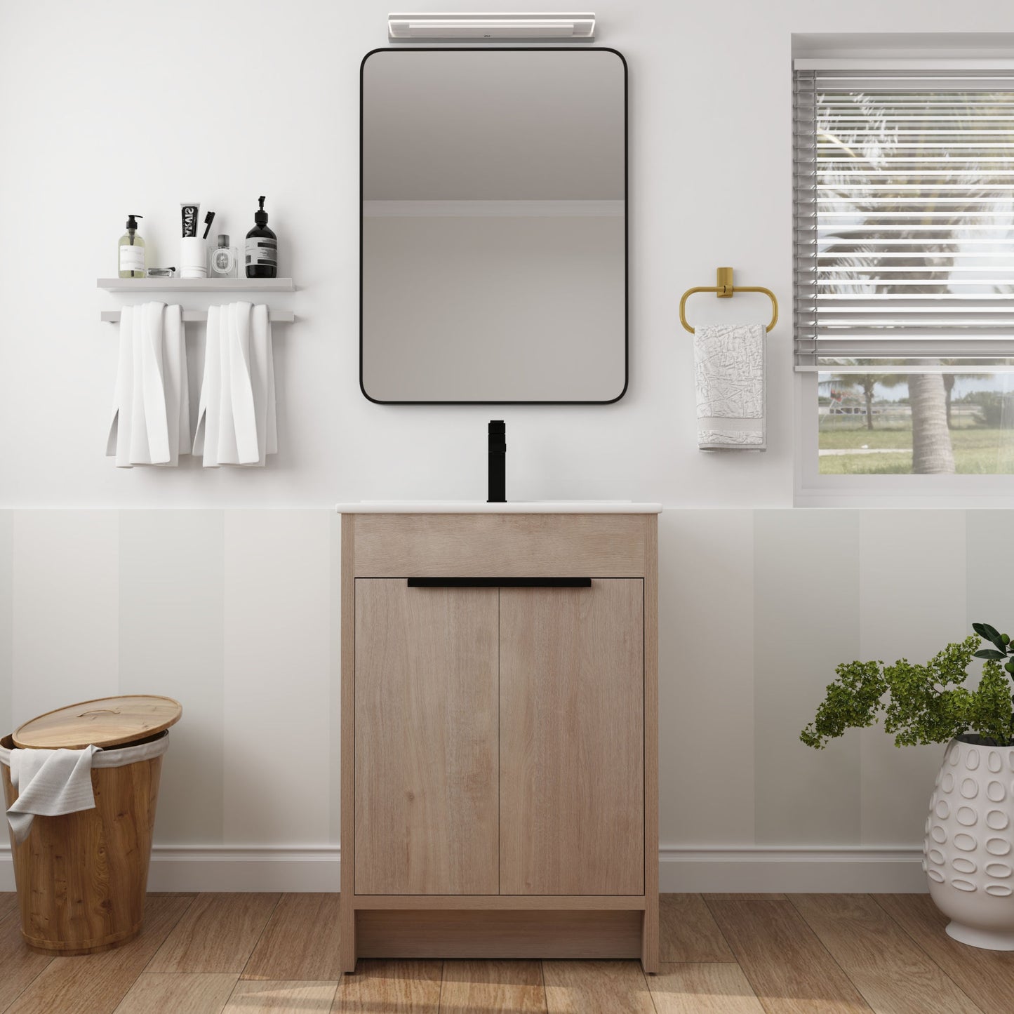 Freestanding Bathroom Vanity, White Ceramic Sink with 2 Soft-Close Cabinet Doors