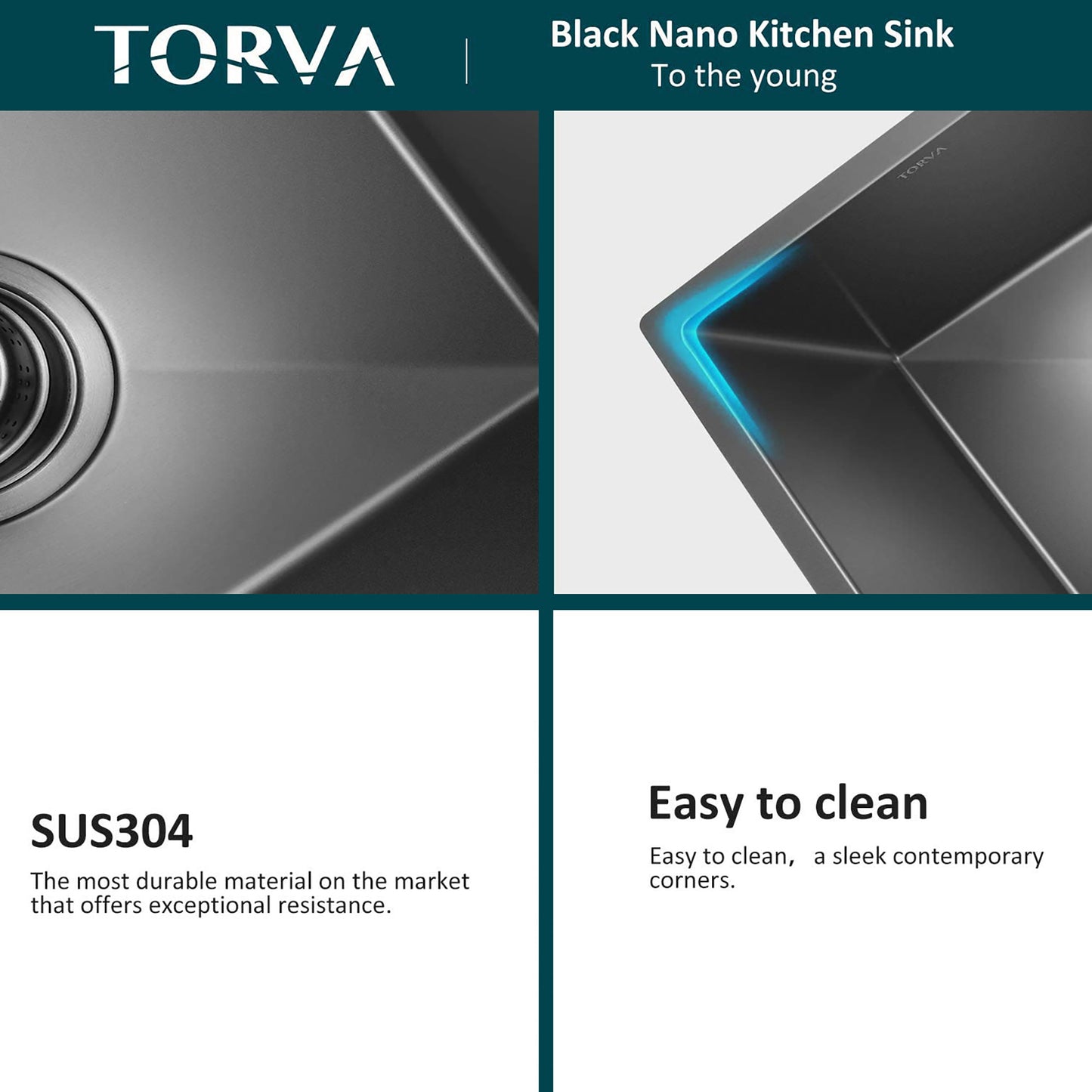 TORVA 32-Inch Gloss Black Workstation Undermount Single Bowl Kitchen Sink, 16 Gauge Stainless Steel with Ceramic Coating and NanoTek Sink with Bamboo Cutting Board and Drain Tray