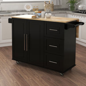 Kitchen Island with Spice Rack; Towel Rack and Extensible Solid Wood Table Top-Black