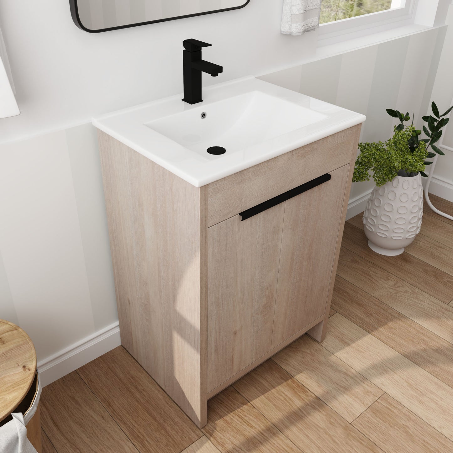 Freestanding Bathroom Vanity, White Ceramic Sink with 2 Soft-Close Cabinet Doors