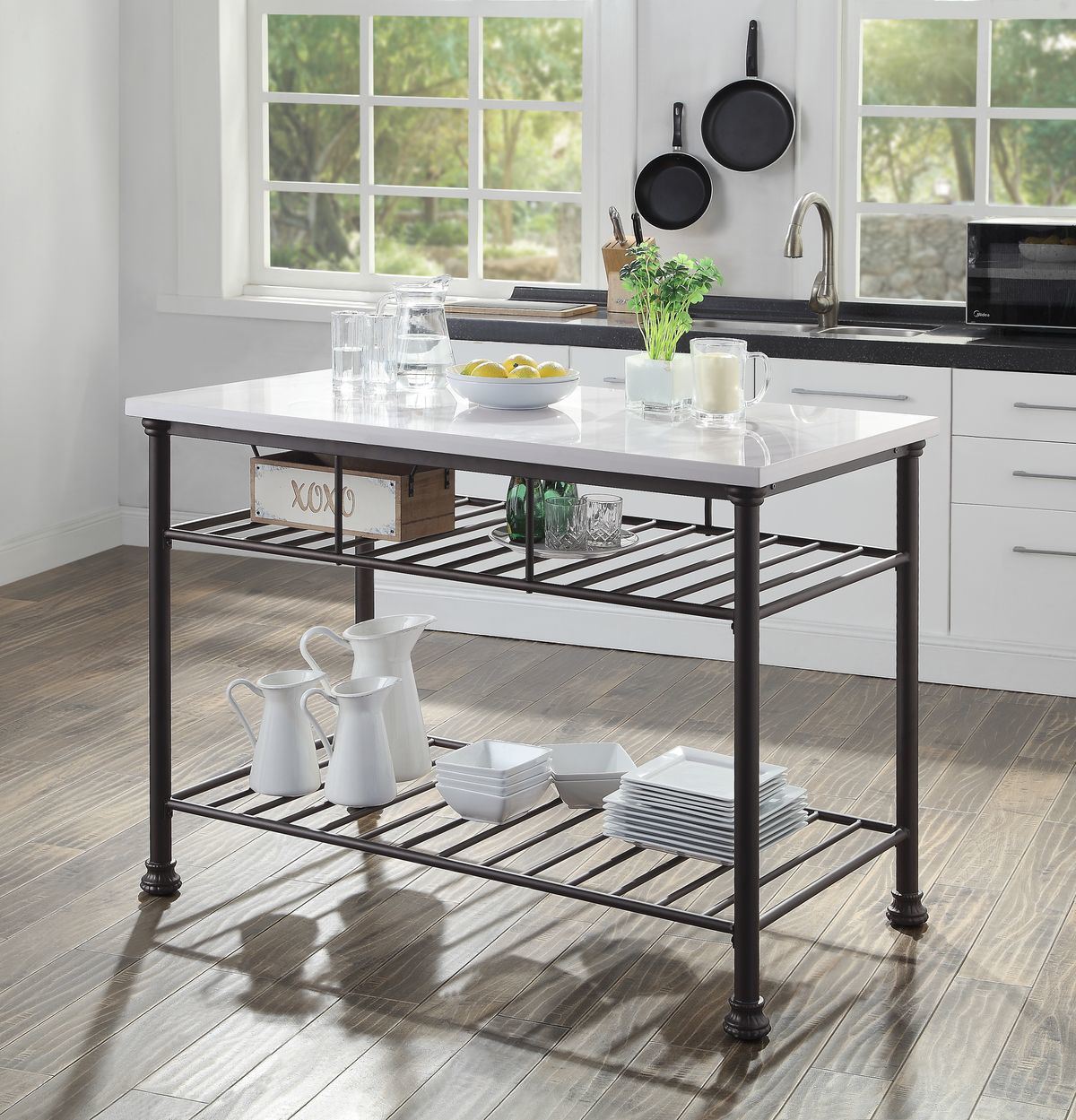 Kitchen Island; White Cultured Stone & Gray Finish YF