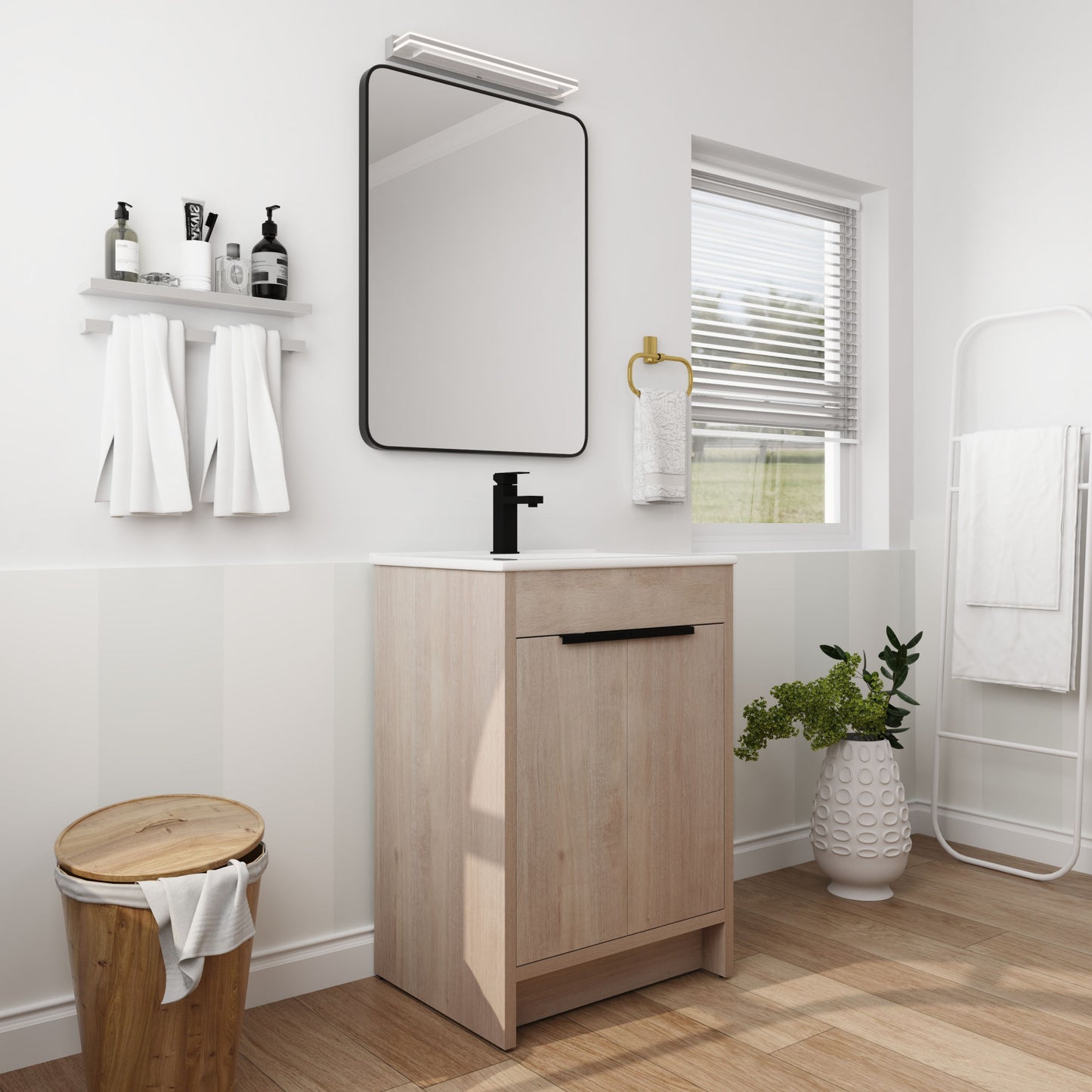 Freestanding Bathroom Vanity, White Ceramic Sink with 2 Soft-Close Cabinet Doors