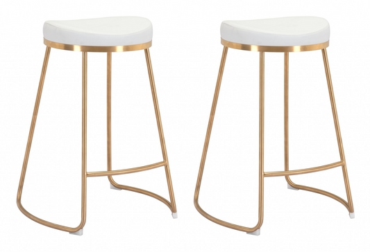 Set of Two White and Gold Modern Glam Backless Counter Stools