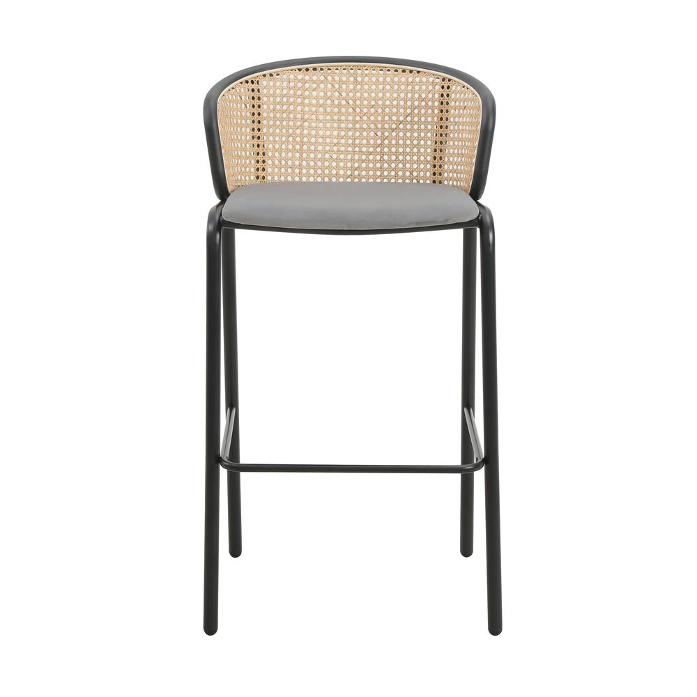 Wicker Bar Stool with Fabric Seat and Black Powder Coated Steel Frame, Set of 2