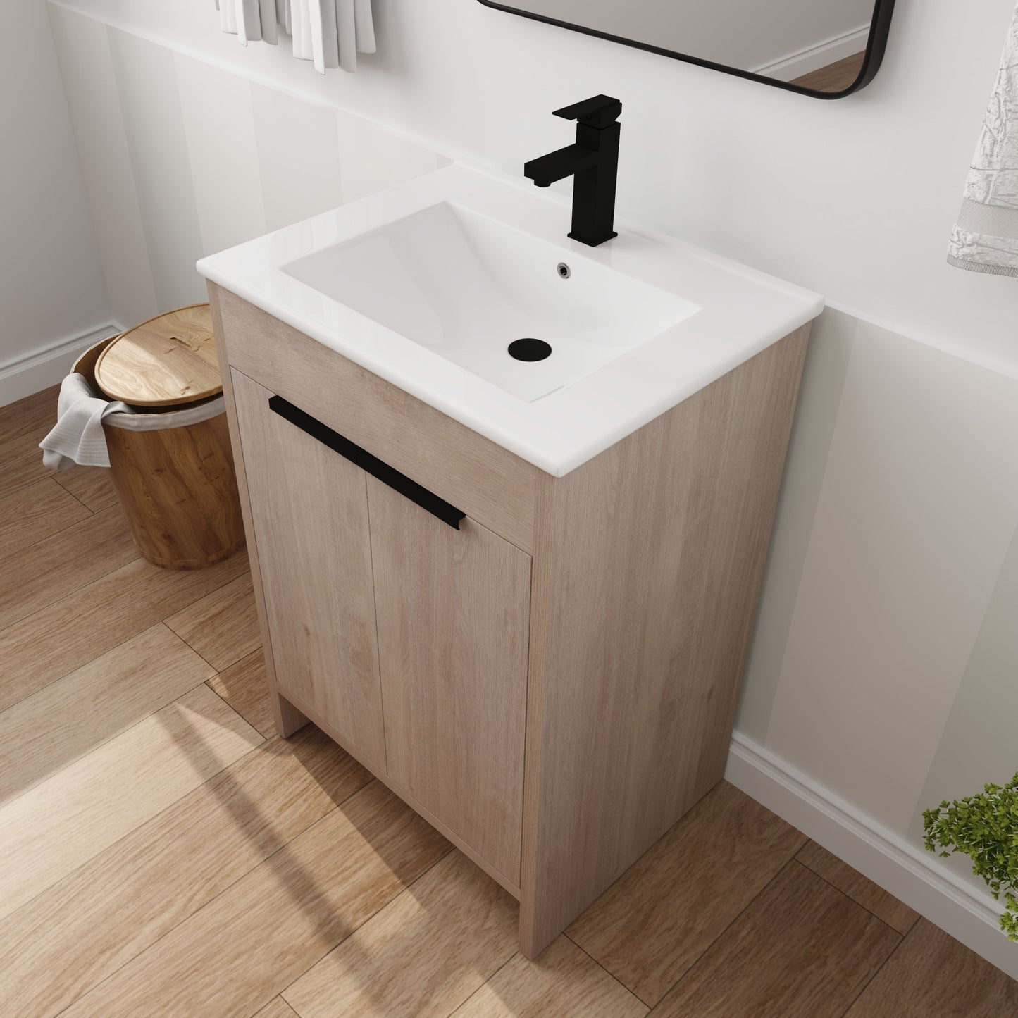 Freestanding Bathroom Vanity, White Ceramic Sink with 2 Soft-Close Cabinet Doors