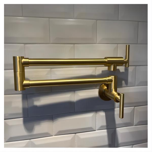 Gold Pot Filler Faucet Wall Mount Kitchen Folding Faucet with Double Joint Swing Arms; Two Handle Design