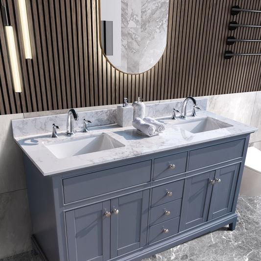 61''x22" bathroom stone vanity top engineered stone carrara white marble color with double rectangle undermount ceramic sink