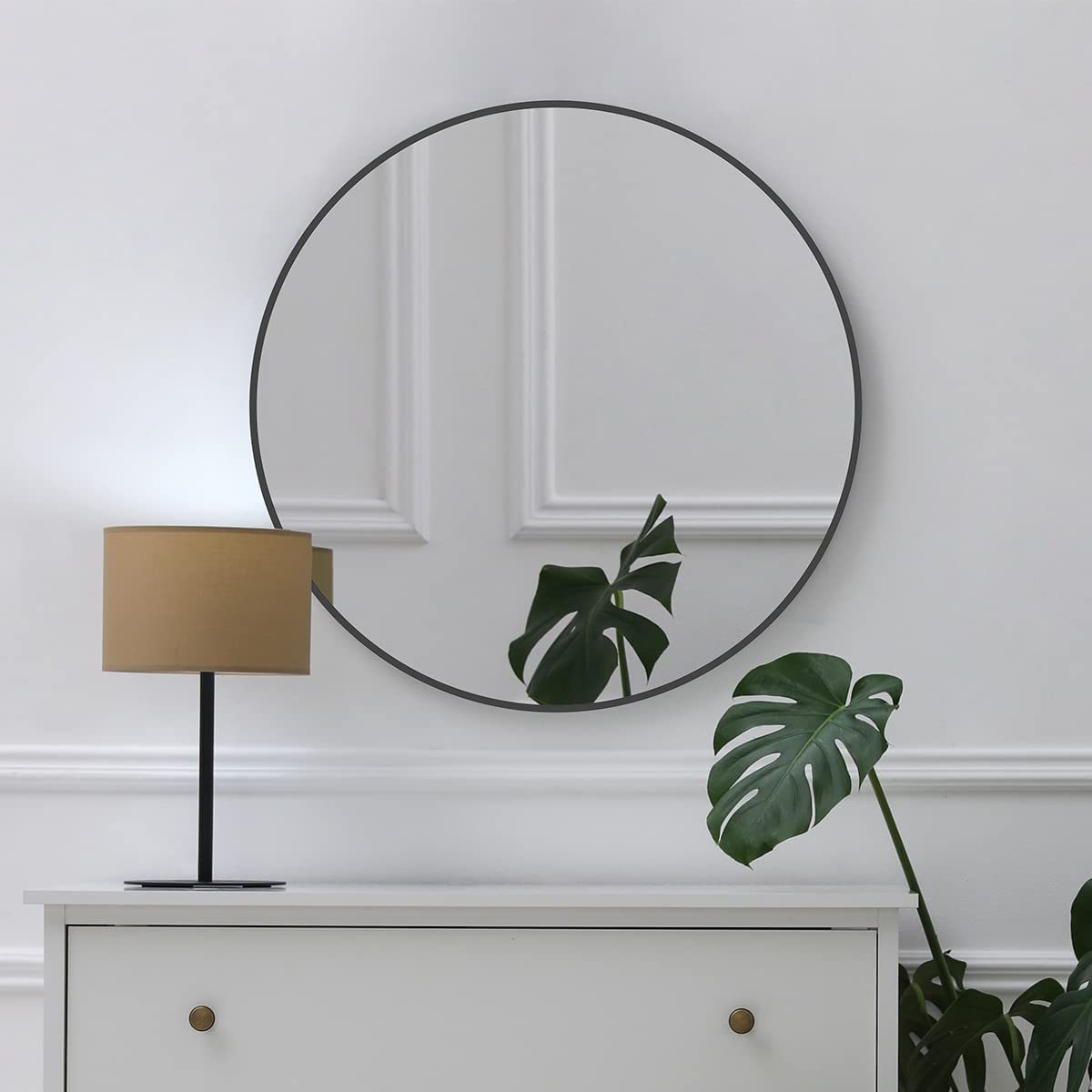 SDKOA Wall Round Mirror 24 Inch with Black Modern Aluminum Alloy Frame, Large Circle Mirror Wall Mounted for Bathroom, Living Room, Entryways