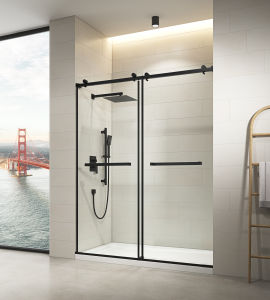 60 in. x 76 in. Matte Black Sliding Frameless Shower Door with Clear Glass