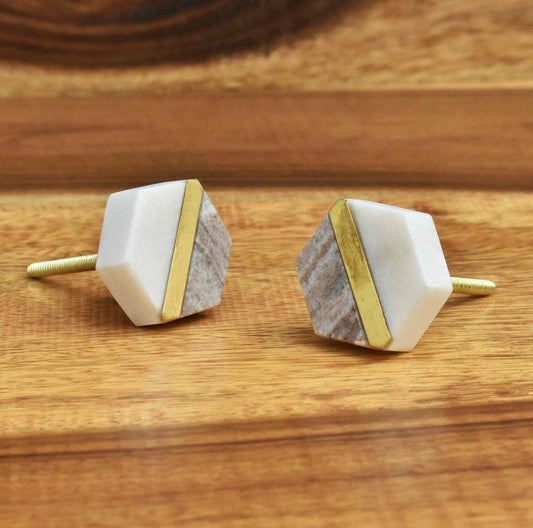 White Stone, Gold Hexagon Cabinet Knobs, and pulls
