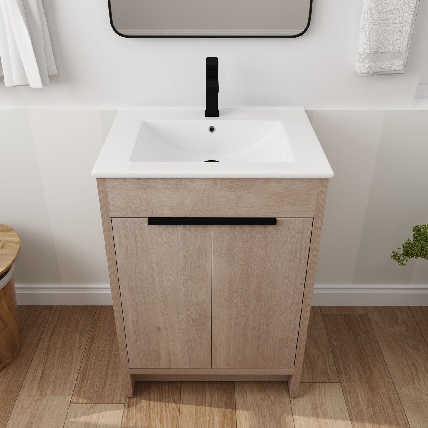 Freestanding Bathroom Vanity, White Ceramic Sink with 2 Soft-Close Cabinet Doors