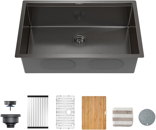TORVA 32-Inch Gloss Black Workstation Undermount Single Bowl Kitchen Sink, 16 Gauge Stainless Steel with Ceramic Coating and NanoTek Sink with Bamboo Cutting Board and Drain Tray