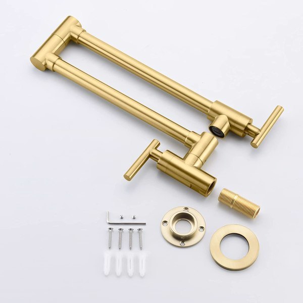Gold Pot Filler Faucet Wall Mount Kitchen Folding Faucet with Double Joint Swing Arms; Two Handle Design