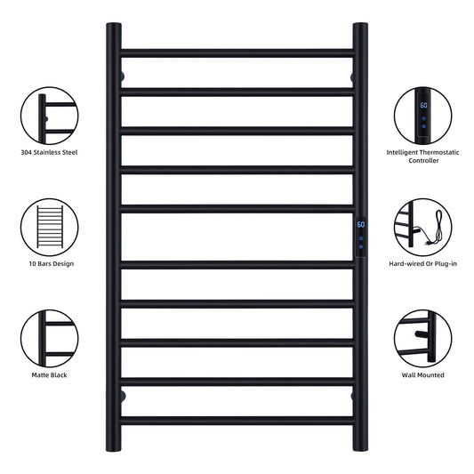 Heated Towel Rack, Wall Mounted Electric Towel Warmer for Bathroom with Built-in Timer and LED Indicator, Plug in or Hardwired