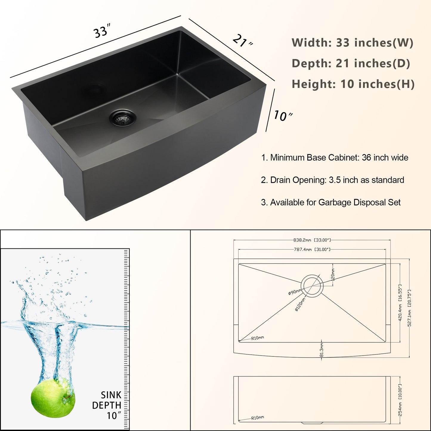 Lordear Stainless Steel Framhouse Kitchen Sink Gunmetal Matte Black Farm Sink