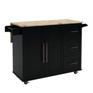 Kitchen Island with Spice Rack; Towel Rack and Extensible Solid Wood Table Top-Black