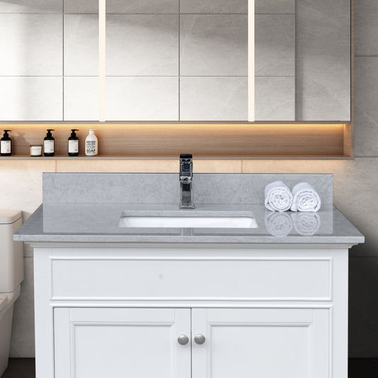 31 inches bathroom stone vanity top calacatta gray engineered marble color with undermount ceramic sink and single faucet hole with backsplash